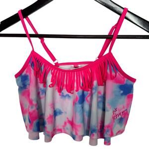 Betsey Johnson Bikini Top Girls XL/14 Tie Dye Pink Fringe Hippie Retro Summer